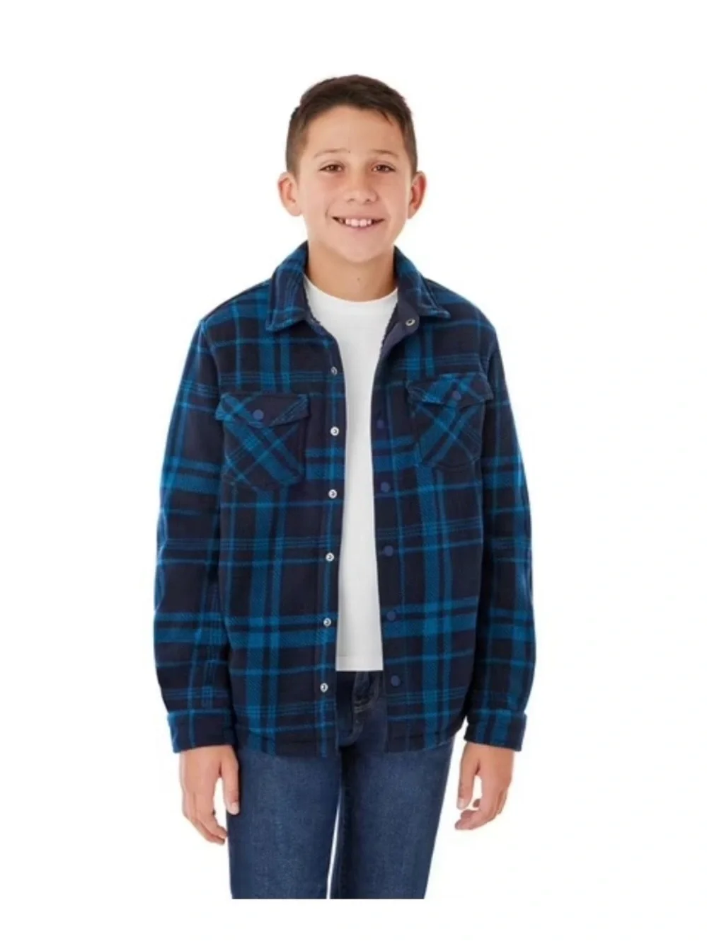 Plaid Sherpa-Lined Kids Jacket in Navy & Blue